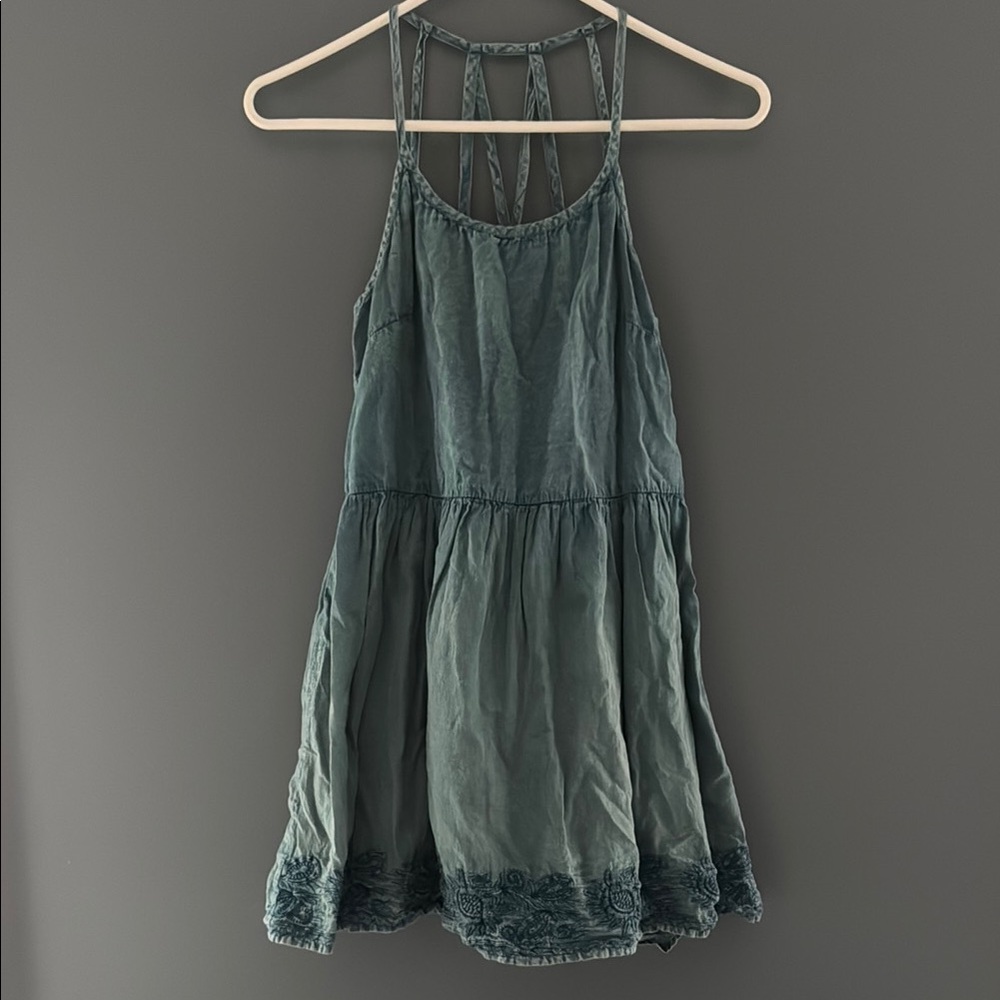 Denim Dress with Floral Hem